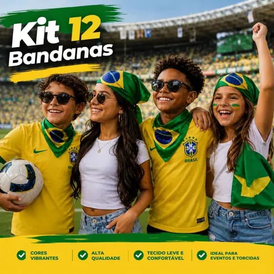 Kit 12 Bandanas Brasil Cetim Ajustável Unissex Adulto Infantil Torcida