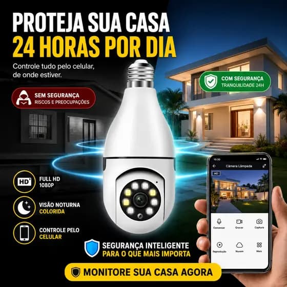 Câmera Lâmpada WiFi 360° Full HD Visão Noturna Colorida Áudio Bivolt Segurança IP PTZ E27