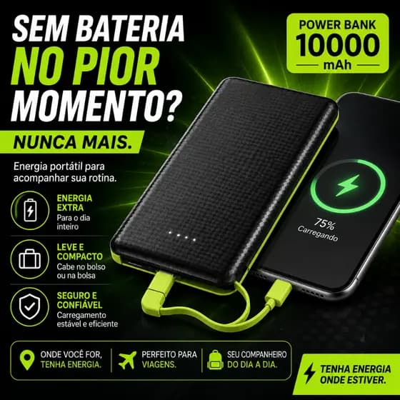 Carregador Portátil 10000mAh Power Bank Carregamento Rápido Display LED 2 USB PT-0951
