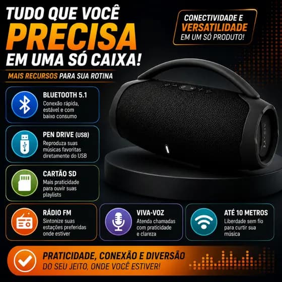Caixa de Som Boombox Bluetooth Portátil Bivolt Som Potente FM USB SD Alça Transporte Preta
