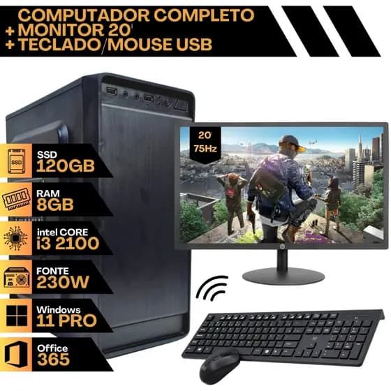 PC Computador Completo - Processador i3 2100, Ssd 120Gb, Memória DDR3 8Gb RAM, Monitor 20' 75Hz