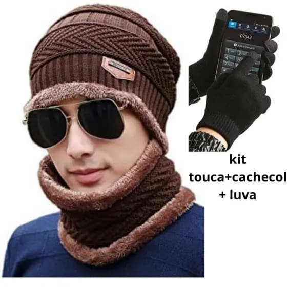 Kit Touca Gorro + Luva Touch Mexe Celular + Cachecol Protetor de pescoço Forrado Quentinhos SKU:318