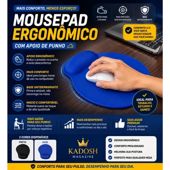 Mousepad Ergonômico com Apoio de Punho Antiderrapante Confortável Escritório Gamer