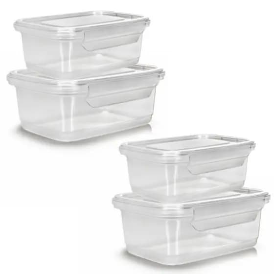 Jogo 4 Potes Retangulares Transparentes Tampa com Trava 2 de 3 Litros + 2 de 1400ml BPA FREE