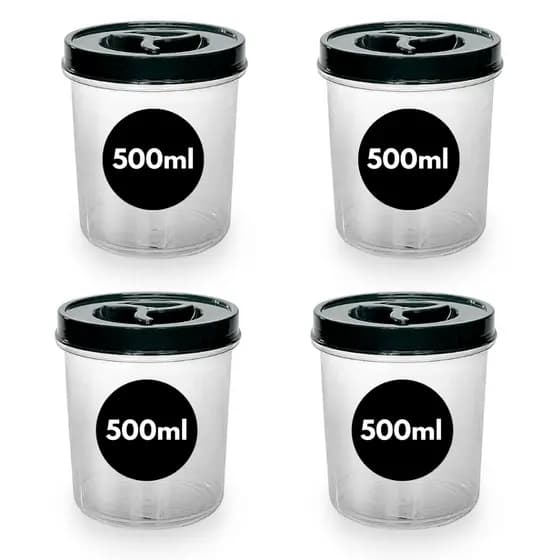 Kit 4 Potes Redondo 500ml Tampa de Rosca Pote Redondo Transparente Mantimento BPA FREE Cereal Bala