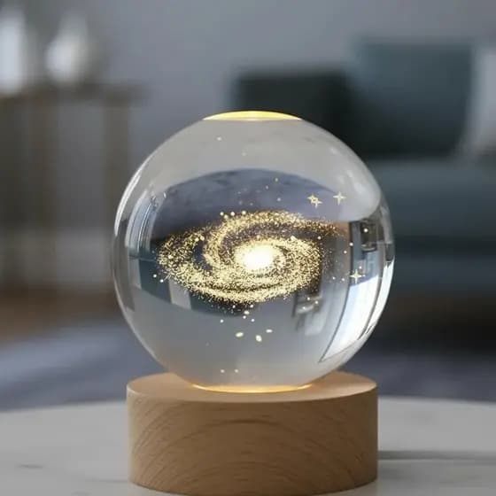 Luminária de Mesa Galáxia 3D Planetas USB Bola de Cristal LED Base Madeira Iluminação Portátil Luz
