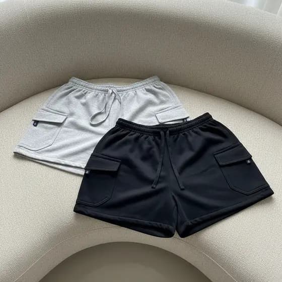 Kit 2 Short Moletom Cargo Feminino, Bolsos Laterais e Cordão Ajustável