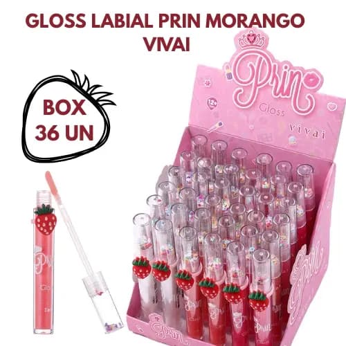 Gloss Labial Prin Morango | Box com 36 Unidades | Brilho Infantil e Teen | Maquiagem em atacado