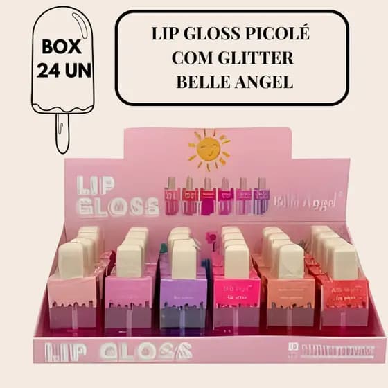 LIP GLOSS PICOLÉ COM GLITTER - BELLE ANGEL - BOX COM 24 UNIDADES - ATACADO DE MAQUIAGEM
