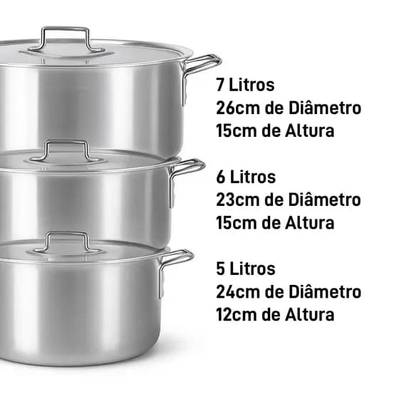 Kit com 3 Panelas de Aluminio para Arroz Feijoada Macarrão