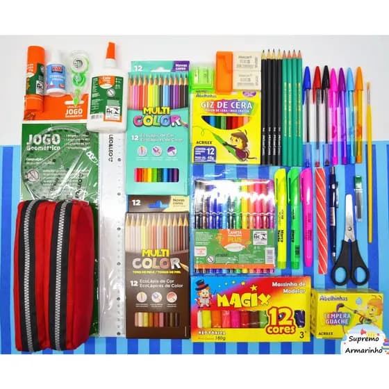Kit Material Escolar 39 Itens Infantil Completo Básico - Estojo Lápis de Cor Tinta Guache Papelaria Kit D