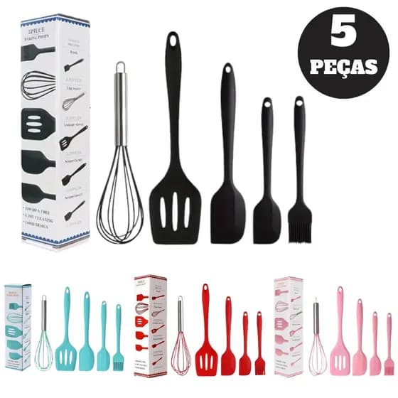 Kit 5 Peças Jogo De Utensílios conjunto culinário Cozinha Em Silicone Servir Colher Concha Fouet Espátula