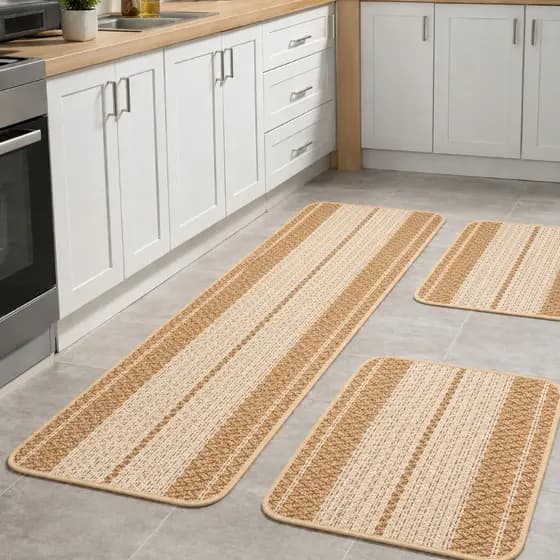 Jogo De Tapete 3 Peças Passadeira Para Cozinha de Crochê Luxo Antiderrapante Decorativo Liso Listrad
