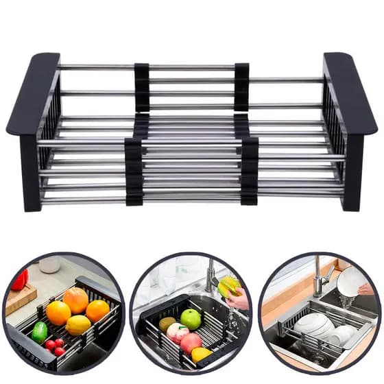 Escorredor de Louça Inox para Pia Extensivel Multiuso Preto Mimo Style Lava Frutas e Pratos