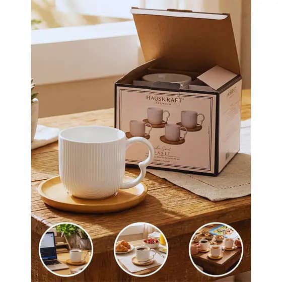 Jogo de Xícaras 90ml Café Espresso Pires d Bambu Cerâmica Elegante Branca Presente 4 Peças Hauskraft