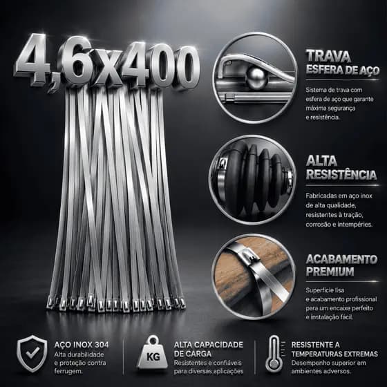 Abraçadeiras Aço Cinta Homocinética Inox Metal Polido Ziptie Lacre Presilha Fitilho Grande 4,6x400mm