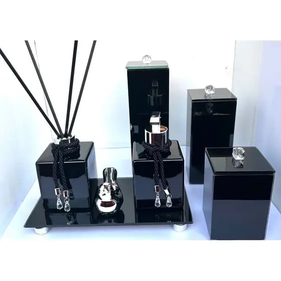 Kit Lavabo Banheiro Luxo Preto Com Trio Organizador Saboneteira Aromatizador e Bandeja