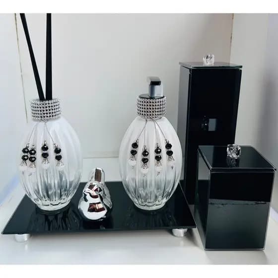 Kit Lavabo Completo com Porta Cotonete Porta Escova Porta Sabonete Líquido Difusor de Varetas e Bandeja