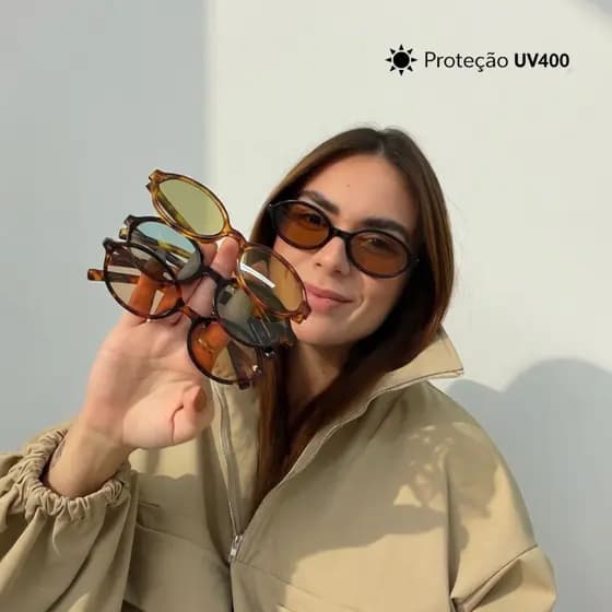 Óculos de Sol Feminino Oval UV400 Lentes Policarbonato Armação em Acetato Estilo Vintage Fashion
