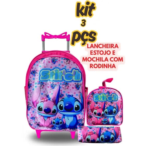 Mochila Escolar Volta a s Aulas Kit Escolar 3 Peças Stitch + Lancheira + Estojo | Infantil