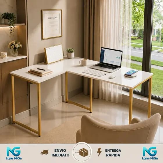 Mesa Pés industrial em L Home Office Escritório Computador Fácil Montagem - Dourado - Cobre - Preto