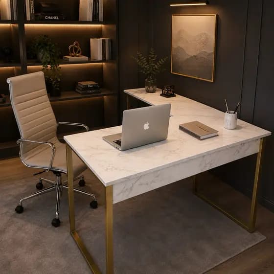Mesa de Canto Mega Manicure em L Pés Industriais Dourados Tampo Mármore Escritorio Profissional Home Office