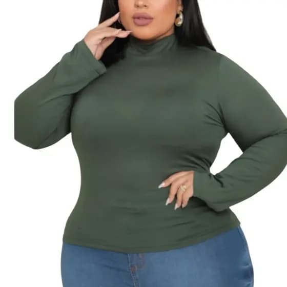 Blusa Feminina Plus Size Gola Alta Manga comprida Segunda Pele