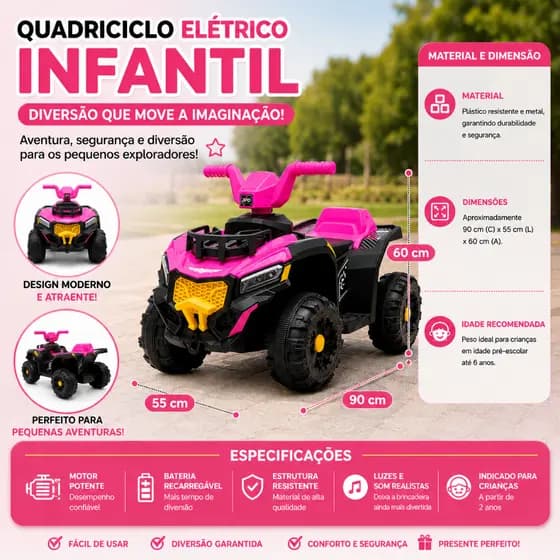 Carrinho Quadriciclo Infantil Eletrico Rosa Veiculo Motorizado Diversao Seguranca Crianças