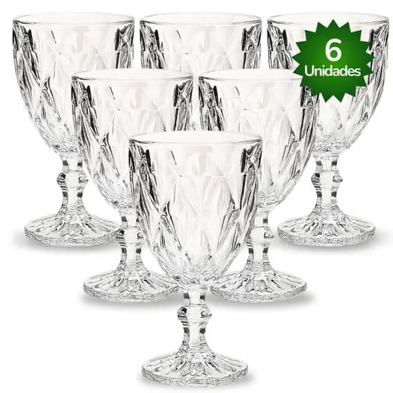 Jogo Kit 6 Taças Vidro Transparente Design Diamante Bico Jaca 340ml