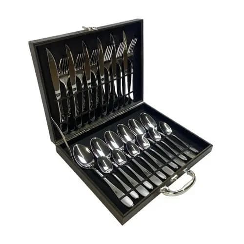 Jogo Talheres 24 Peças Faqueiro Inox Premium Luxo Com Maleta Cor Preta e Dourada