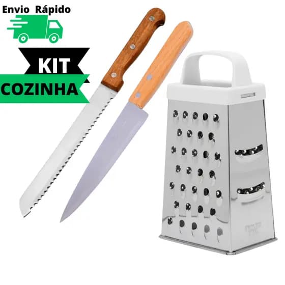Kit Ralador 4 Faces Com Faca 7" E Faca Pão 8" Aço Inox 4 Faces De Corte Para Ralar Fatiar Alimentos Legumes Cabo Plástico Fatiador De Qualidade Resistente Faca Pão Serrilhada Cabo de Madeira Pães Bolos Tortas Faca De Cozinha Profissional 30CM SQ