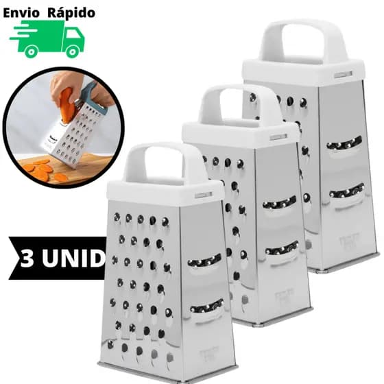Kit 3 Raladores Ralador De Aço Inox 22 cm De 4 Faces De Corte Para Ralar Fatiar Alimentos Legumes Cabo Plástico Fatiador De Qualidade Resistente Para Casa Uso Profissional Cozinha Restaurante Lanchonete