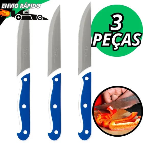 Combo Azul Faca de Cozinha Reforçada 5 Polegadas Inox Inteiriça Para Corte Em Geral e Uso Diário