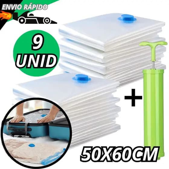 Organizador a Vacuo 50x60 9 Peças + Bomba Succão Proteção Da Umidade Poeira Para Mala Guarda Roupa