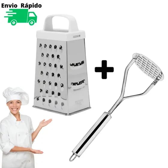 Ralador 4 Faces + Amassador de Batatas Legumes Purê Feijão Inox Utensílios De Aço Inox Ralador 22 cm De 4 Faces De Corte Para Ralar Fatiar Alimentos Cabo Plástico Fatiador De Qualidade Resistente Para Casa Uso Profissional Cozinha Restaurante Lanchonete