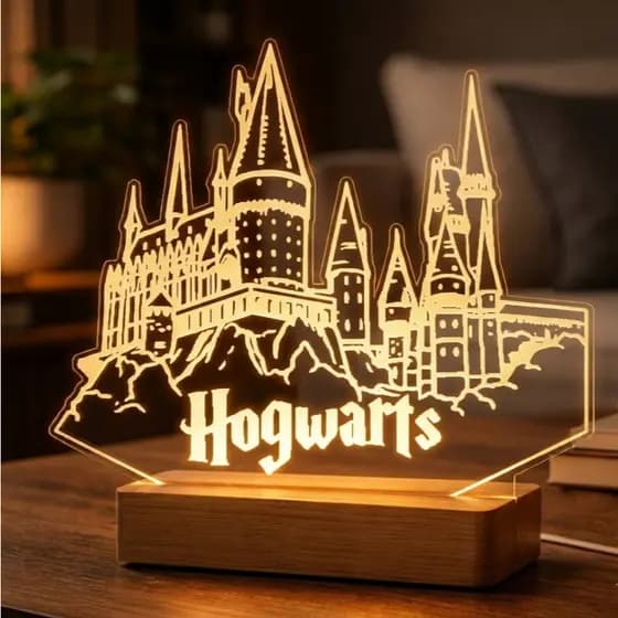 Luminária LED 3D Hogwarts Harry Potter - 20 CM - Acrílico com a base DE MADEIRA