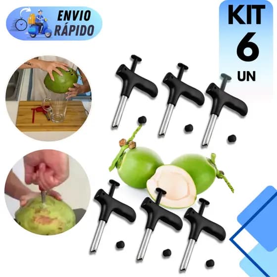 KIT 6 ABRIDOR DE COCO INOX CABO PLASTICO PERFURADOR MANUAL FURA PROFISSIONAL COM PONTA RESISTENTE