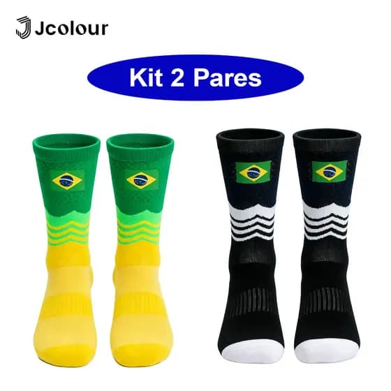 kit 2 pares Meia Brasil Cano Alto Copa do Mundo Meia Bandeira Brasil 40 ao 46