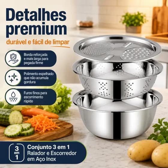 Kit 3 Em 1 Ralador Fatiador Escorredor Bacia para Legumes Verduras Queijo Tigela Manual Prática para Uso na Cozinha