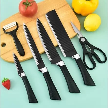 Conjunto de Faca Kit 6 Peças Carne Cutelo Legumes Aço Carbono Descascador Tesoura Profissional 8893