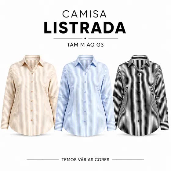 Camisa Listrada PLUS G1-G3 Social Feminina Manga Longa Estiloso Elegante Casual Risca Giz Importada
