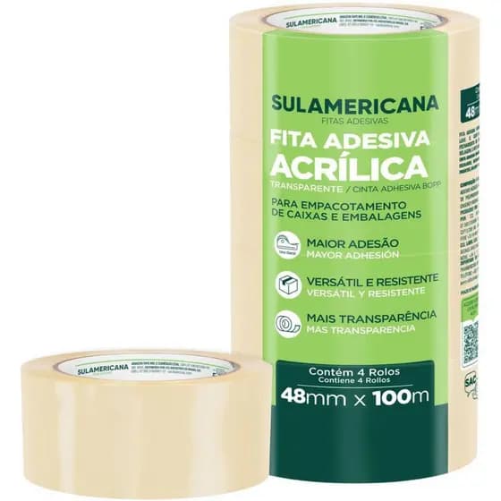 Kit 4 Fita para Empacotamento Transparente 48 mm x 100 m - Sulamericana