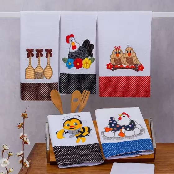 Kit 03 Pano de Prato Bordado Estampas Variadas 100% Algodão