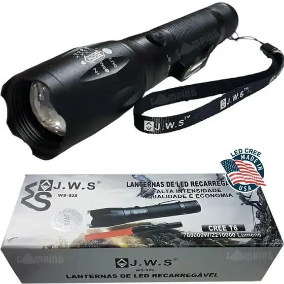 Lanterna Tática JWS LED Alta Potência Recarregável Zoom Ajustável Corpo Alumínio Resistente Uso Profissiona ws-528