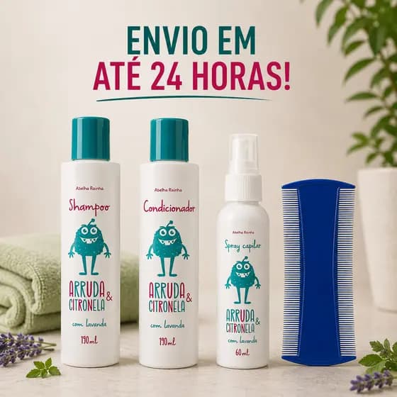 Kit Antipiolho Abelha Rainha Arruda e Citronela Shampoo Condicionador Spray Mata Piolhos e Lêndeas Completo