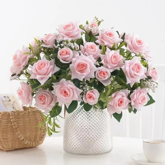 Rosa artificial de 7 cabeças com bordas encaracoladas para decoração de casamentos e residências--9619