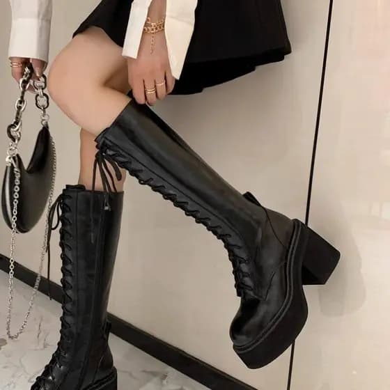 Estoque pronto Altura aumentada 8cm~!Botas Fat mm Botas de perna grossa Botas altas com cadarço Botas de coxa de tamanho