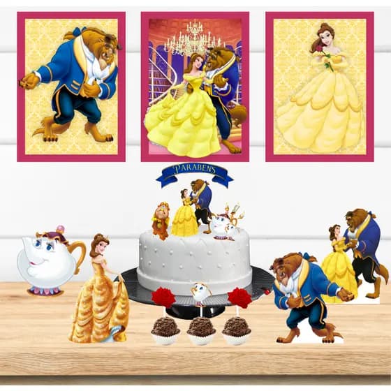 Kit Só um Bolinho - Bela e a Fera - Kit Festa em casa - Aniversário, Mêsversário