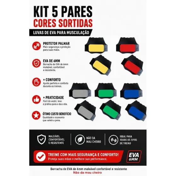 kit 5 pares, luvas sortidas/academia, cores vermelha, azul, cinza, verde e amarelo.