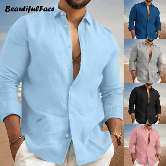 Camisa De Linho Masculino Cores Sólidas Confortável Diária Simples De Primavera E Verão Casual